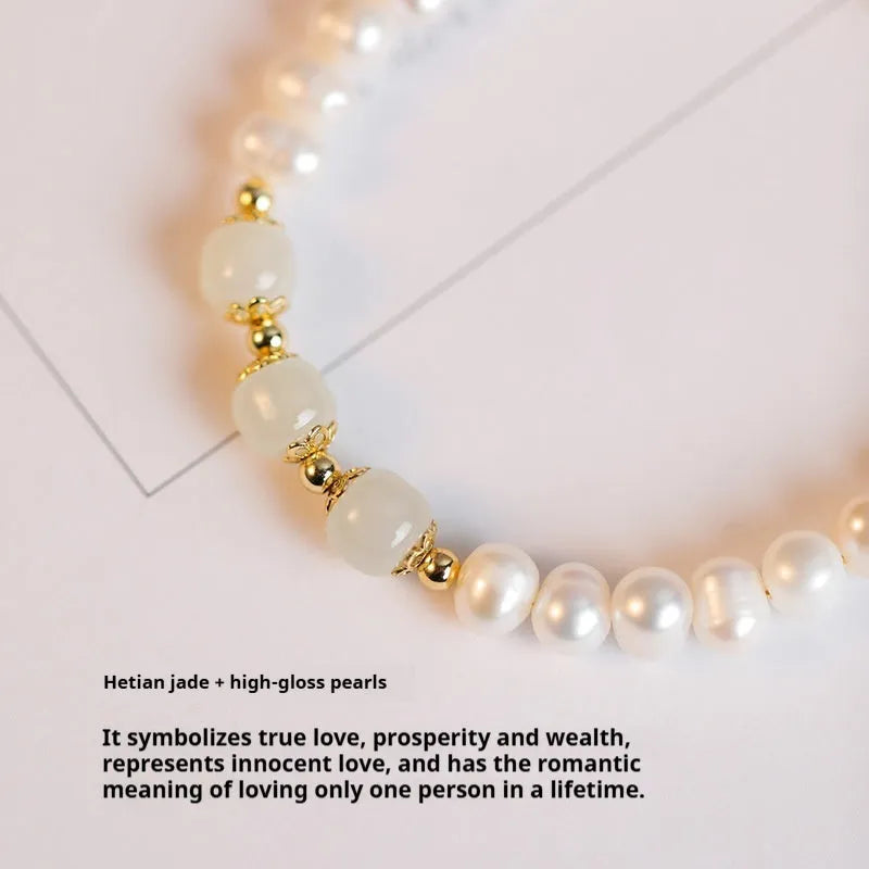 Freshwater pearl bracelet with diamond-shaped charm in electroplated Hetian jade colour