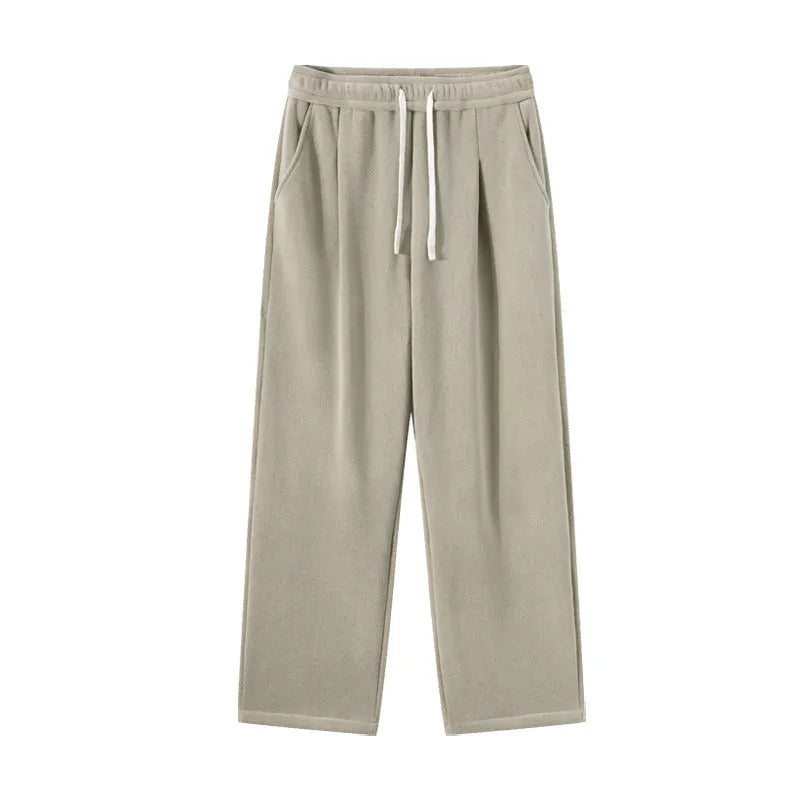 Men's apricot fleece-lined loose sports casual pants with drawstring waist