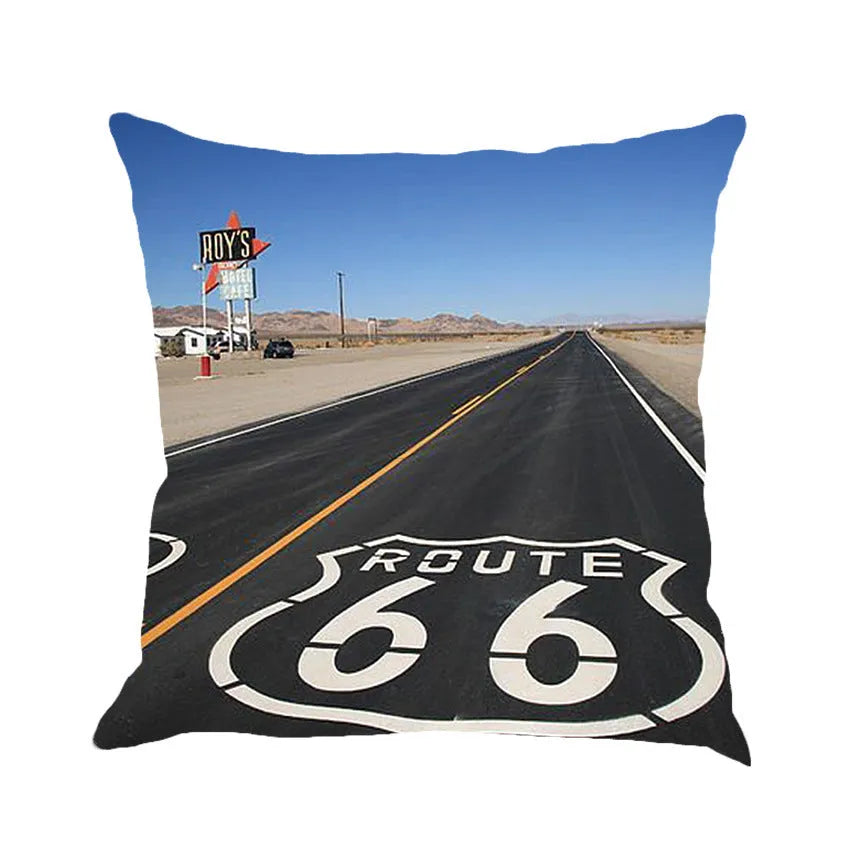 Route 66 American highway landscape print on a 45x45cm linen blend square pillow cover.