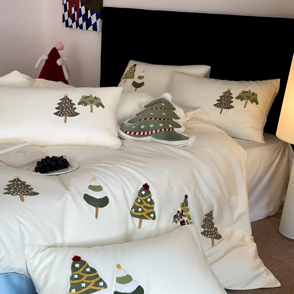 Christmas tree embroidered cotton bedding set with duvet cover, sheet and pillowcases