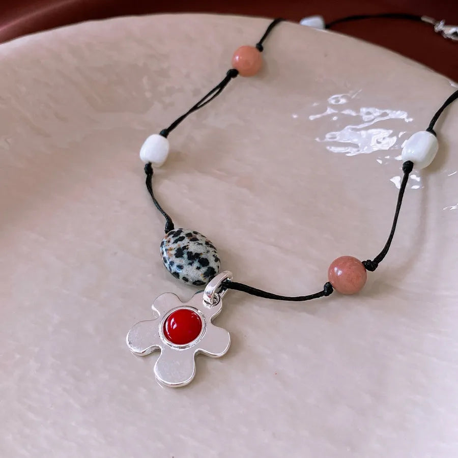 Stone shell beaded flower pendant necklace on adjustable 51-60cm electroplated alloy chain