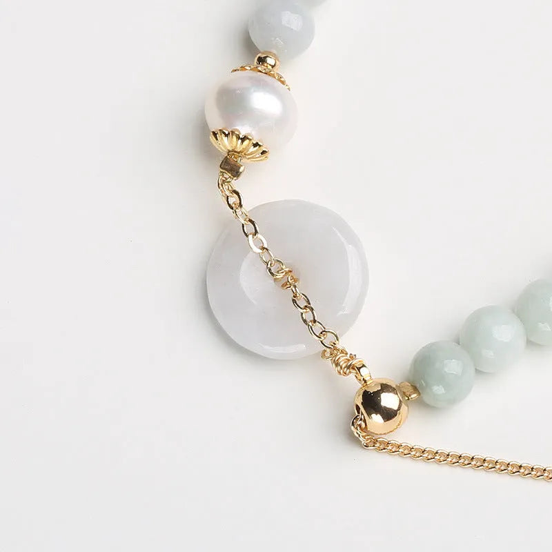 Natural emerald green jade peace buckle pearl bracelet for women with geometric design