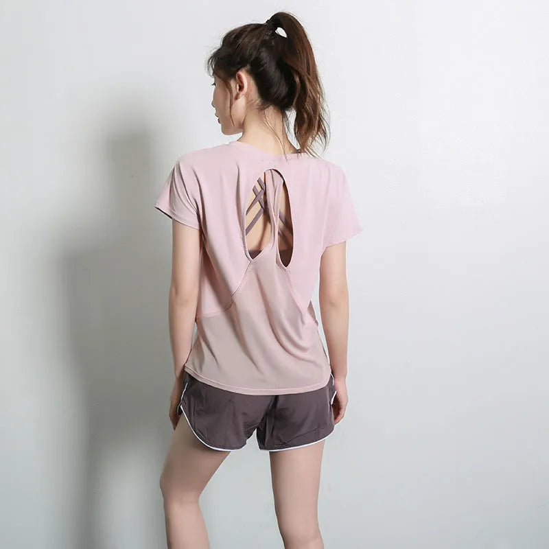 Women's short sleeve sports T-shirt in pink colour for yoga and running activities