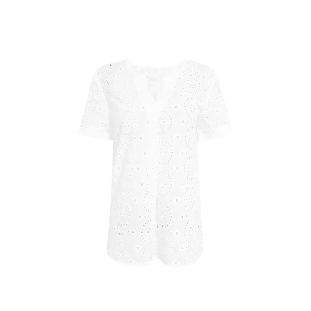 White women's V-neck T-shirt with hollow out pattern detail and loose fit silhouette