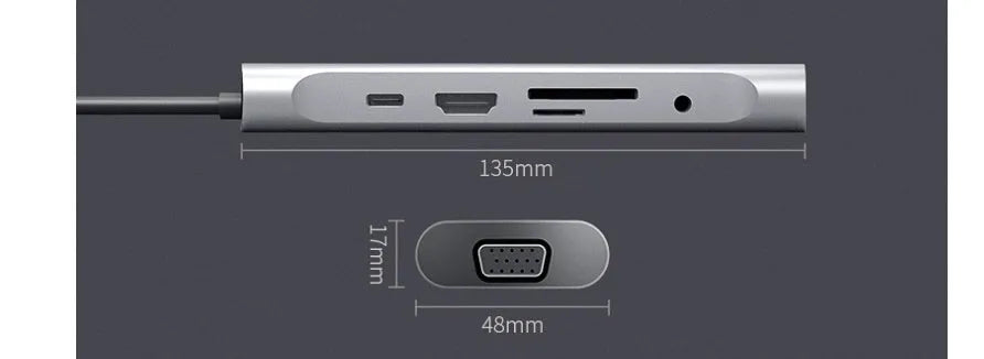 Grey aluminium USB-C docking station with HDMI, VGA, USB ports and 140mm cable