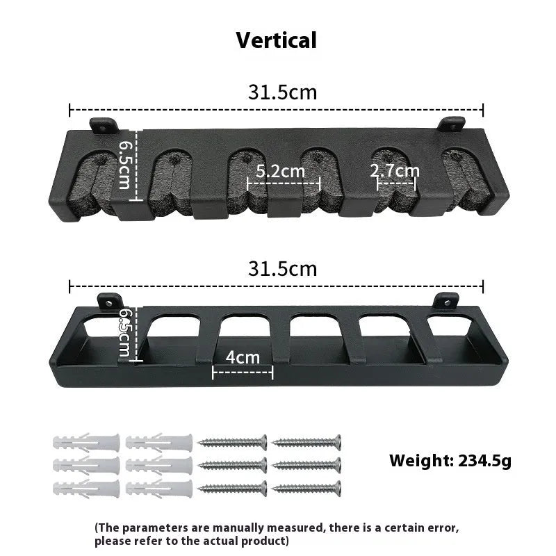 Black ABS plastic wall-mounted fishing rod holder for vertical rod storage organisation