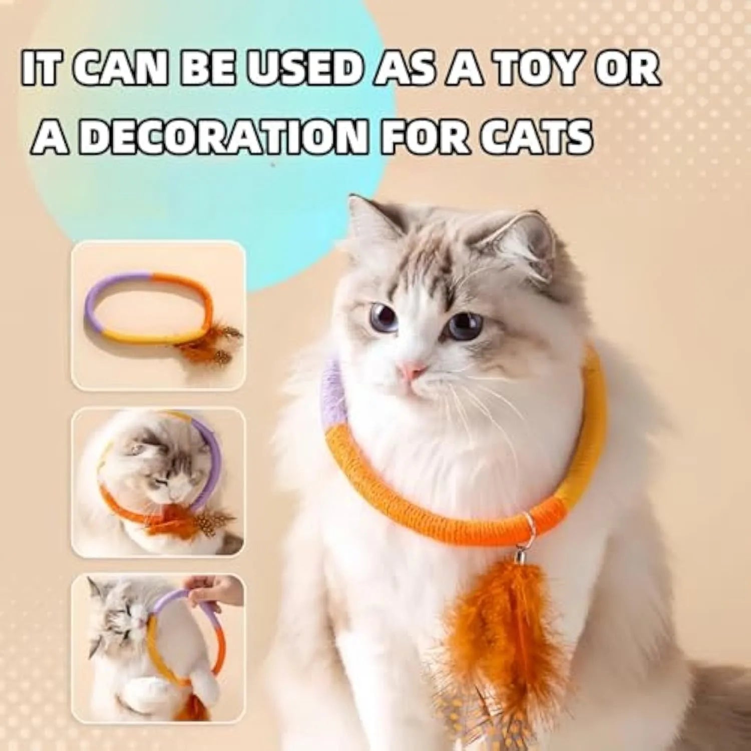 Circular cotton rope cat toy with feathers and catnip measuring 25cm in green and purple colours