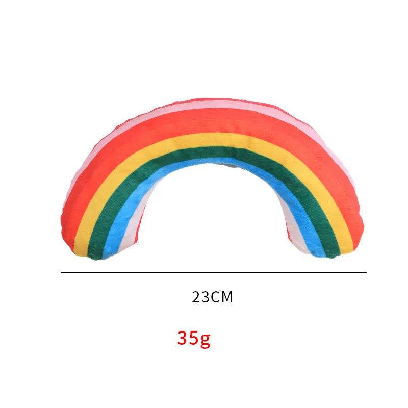 Green, rainbow, and yellow striped plush cat pillow with attached noise toy, measuring 23cm by 20cm.