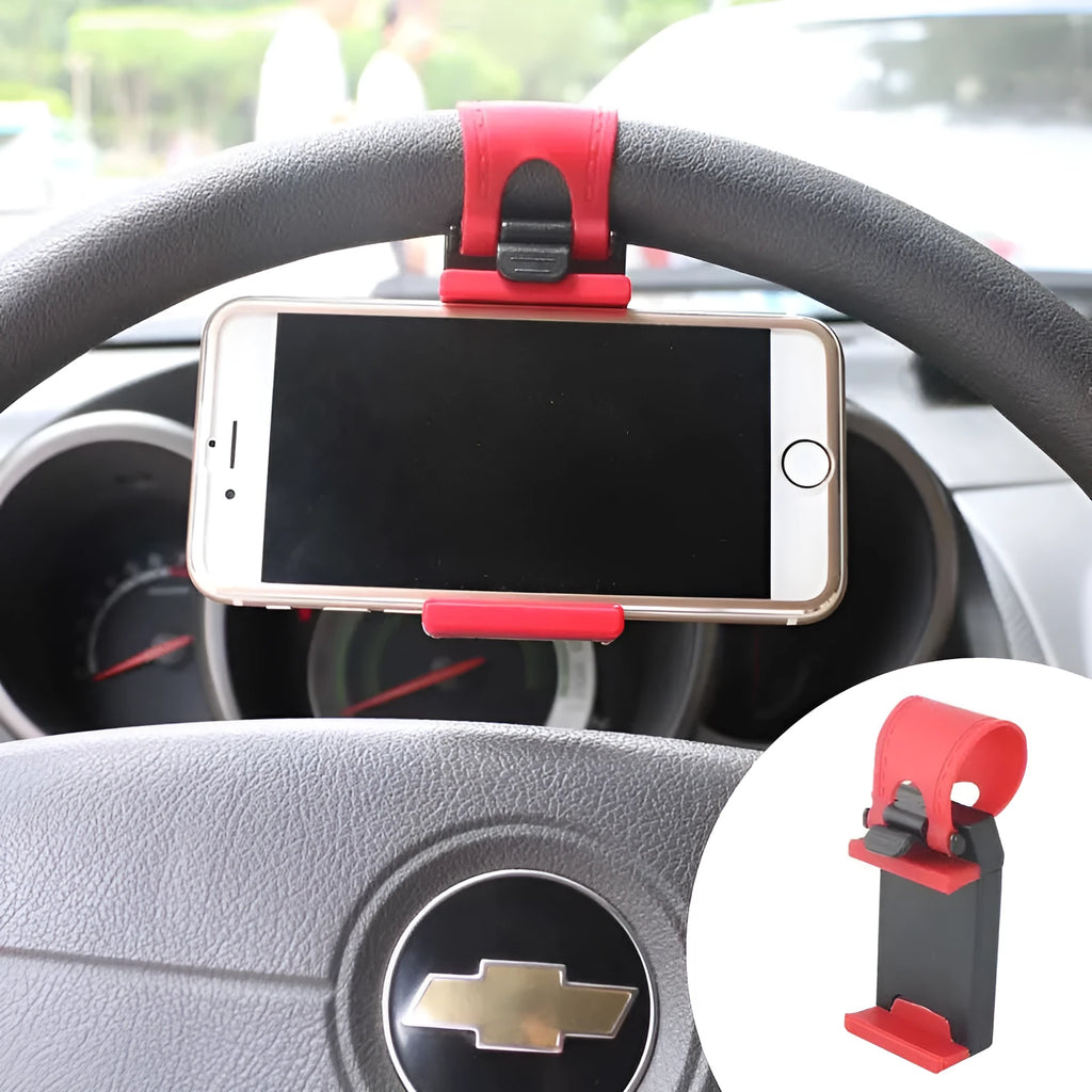 Black steering wheel phone clip holder mounted with smartphone showing navigation display
