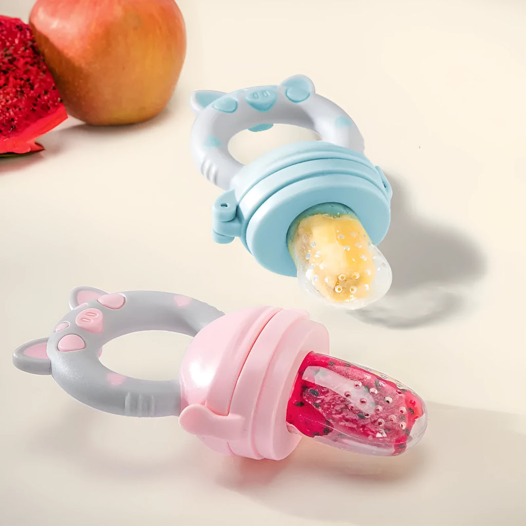 Silicone baby teether in blue, green, or pink colours with 1 or 3 mouthpiece options