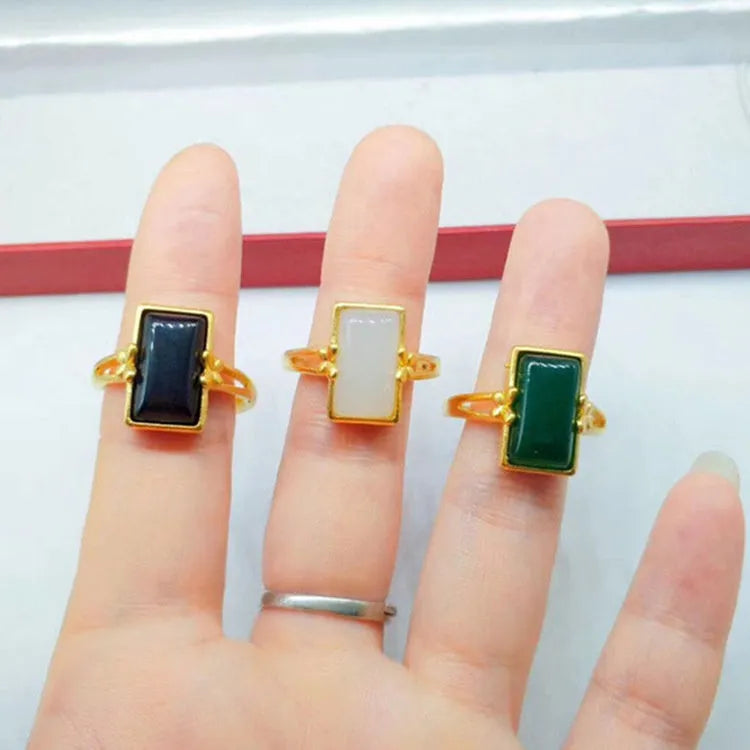 Adjustable brass gold-plated ring with electroplated gemstone inlay in national style design