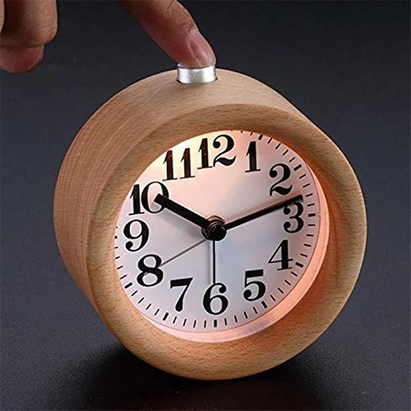 Solid beech wood student bedside alarm clock showing 9.5cm size and analogue dial.