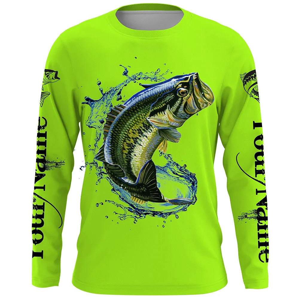 Men's grey round neck pullover with a colourful fish print design on the front, long sleeves.