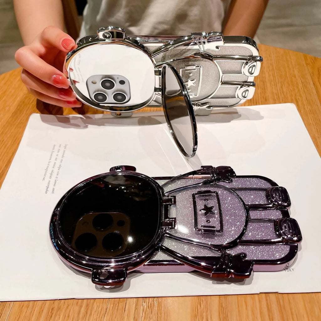 Electroplated TPU astronaut phone case for iPhone 13 with flip mirror and bracket, dark purple gradient glitter finish