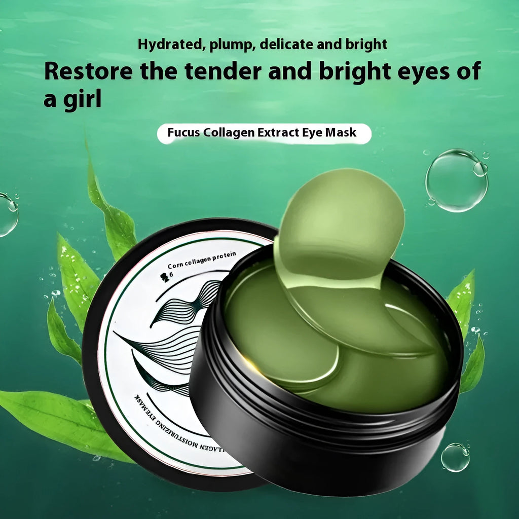 Pack of 60 green seaweed collagen essence eye mask tablets on a sheet.