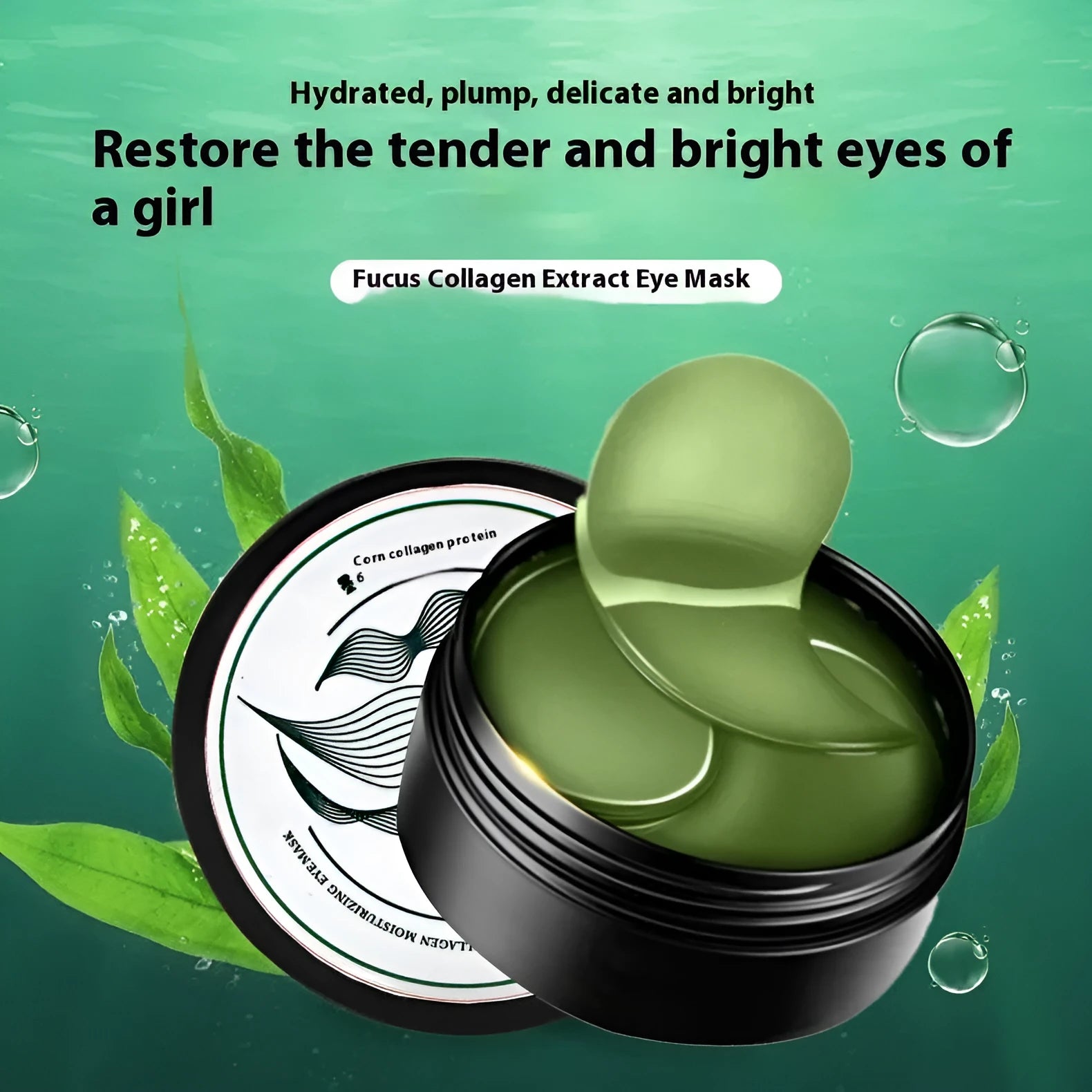 Pack of 60 green seaweed collagen essence eye mask tablets on a sheet.