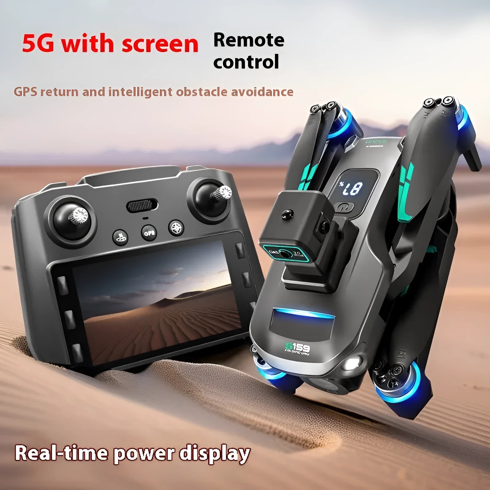 S159 GPS UAV drone with HD camera, black colour, plastic body, obstacle avoidance sensors visible