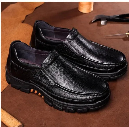 Men's black and brown business casual slip-on shoes with cowhide leather upper and rubber sole