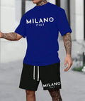 European style short sleeve polyester suit with round neck top and matching shorts in various colours