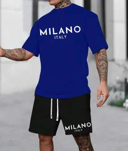 European style short sleeve polyester suit with round neck top and matching shorts in various colours
