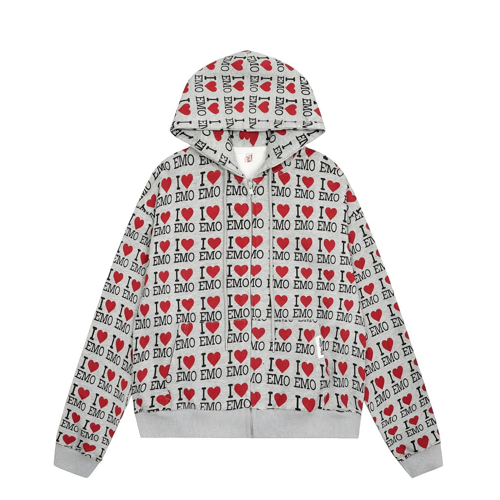 Women's melange grey hooded cardigan with a retro pattern, long sleeves, and a cotton build.