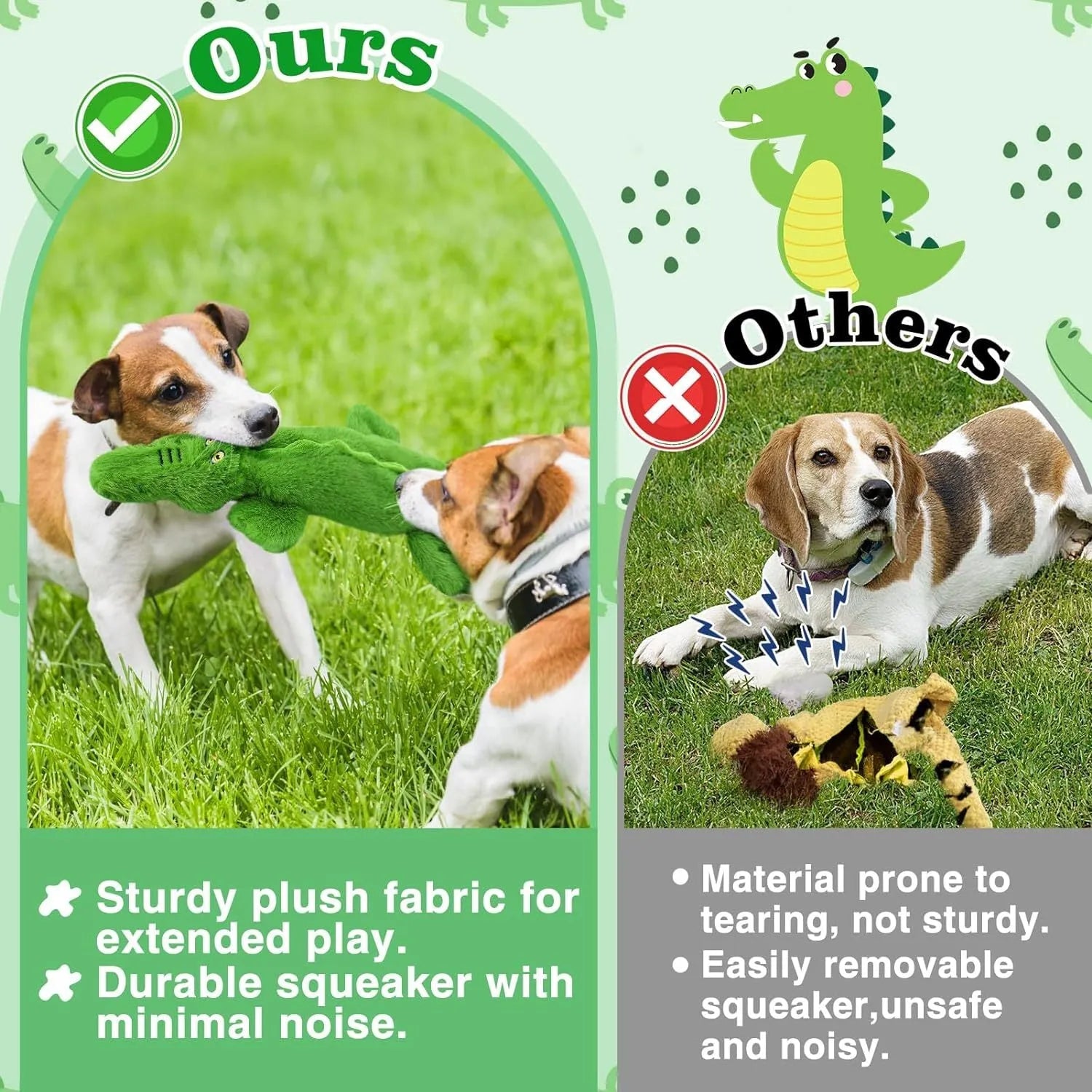 Green crocodile squeaky dog toy with no-stuffing design for aggressive chewers