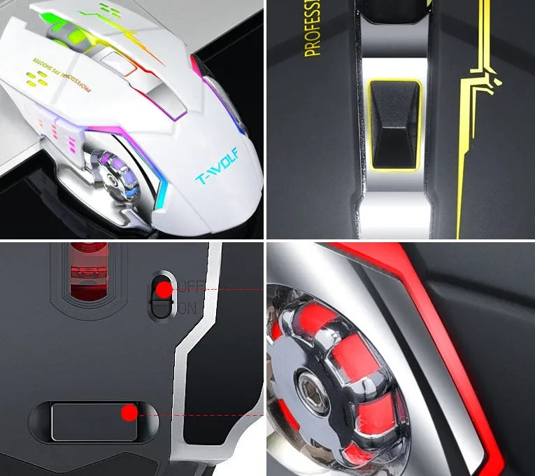Black wireless mouse with six buttons showing wireless charging capability and silent click design