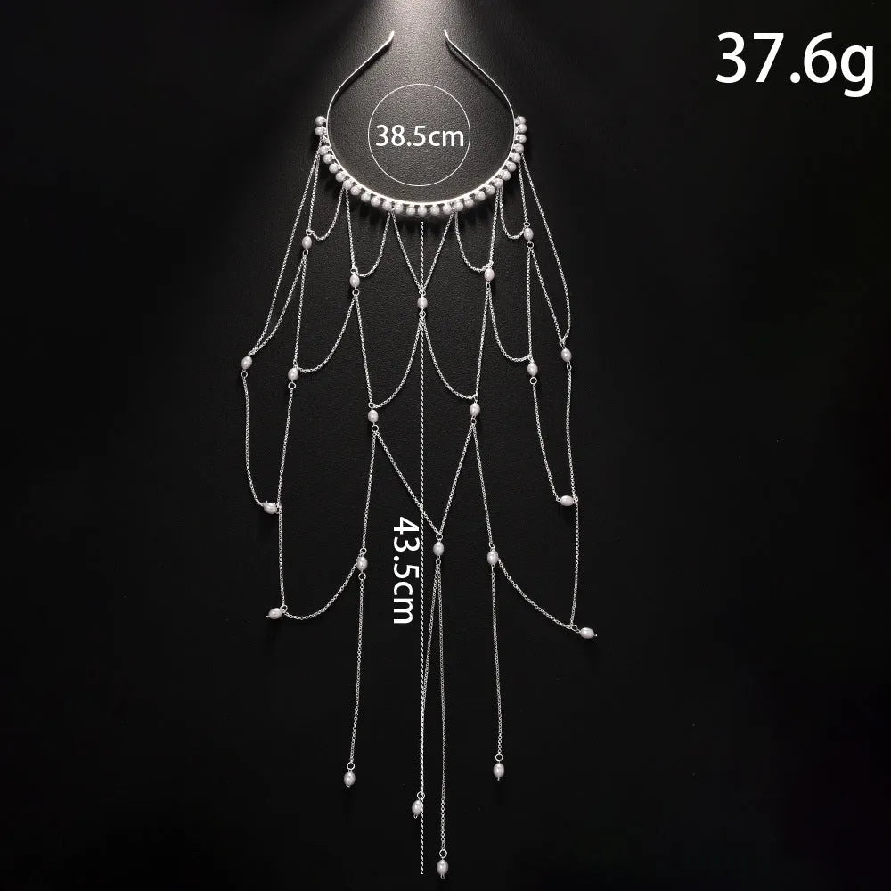Women's mesh tassel hair chain jewellery in gold or silver with pearl details