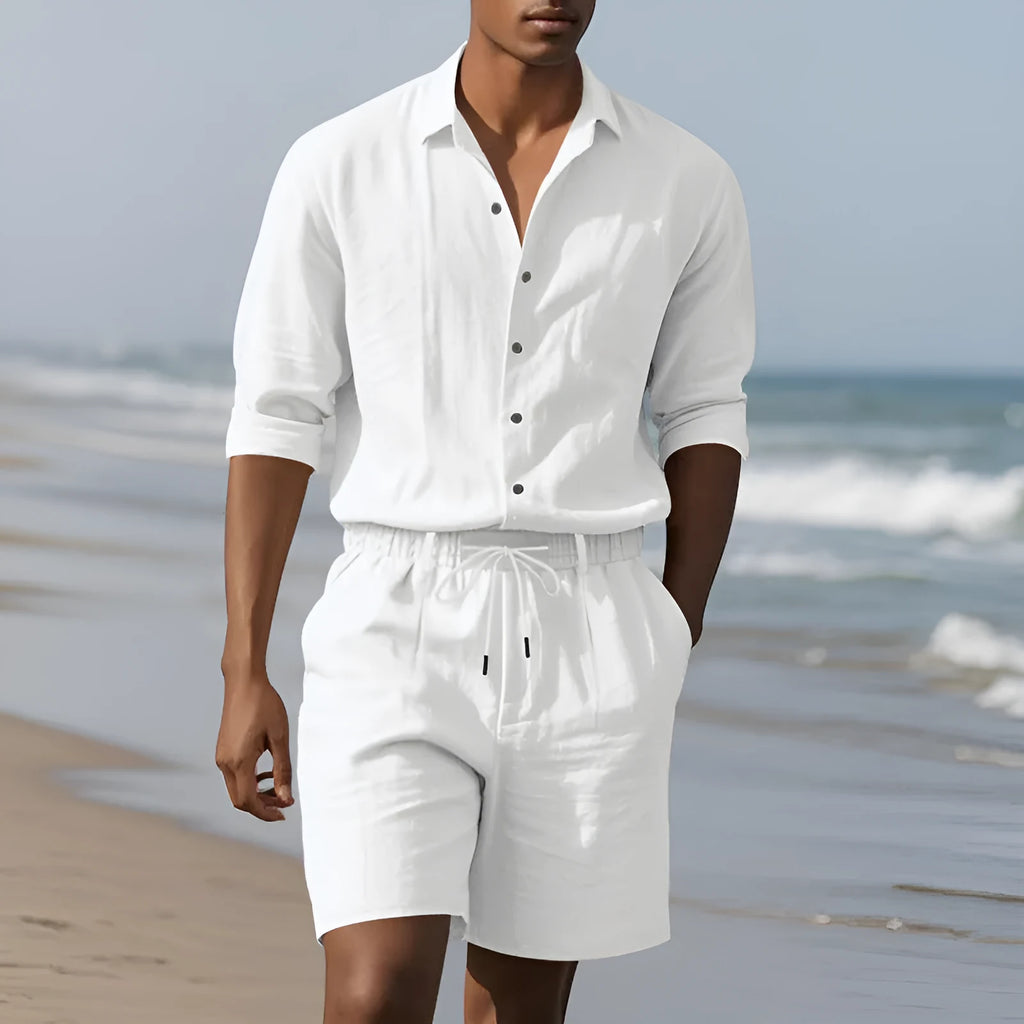 Men's linen beach suit set showing long sleeve shirt and matching shorts in available colours