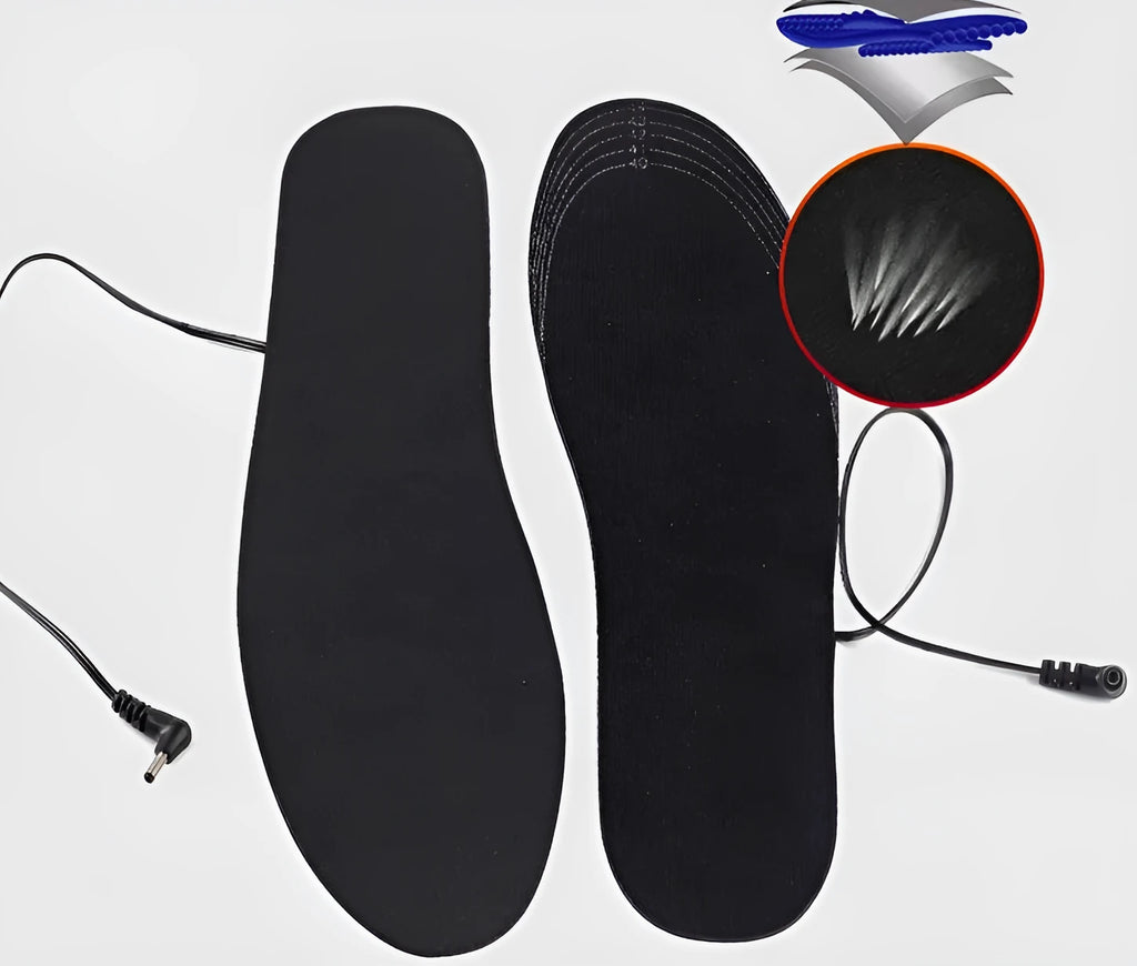 USB rechargeable heated insoles with three temperature settings and full-foot heat coverage