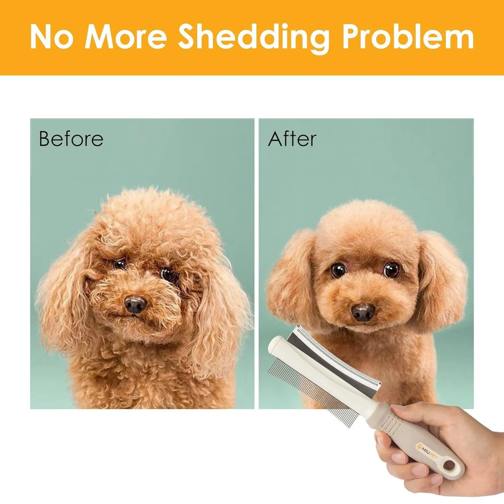 White 2-in-1 pet grooming brush showing comb side and deshedding blade side.