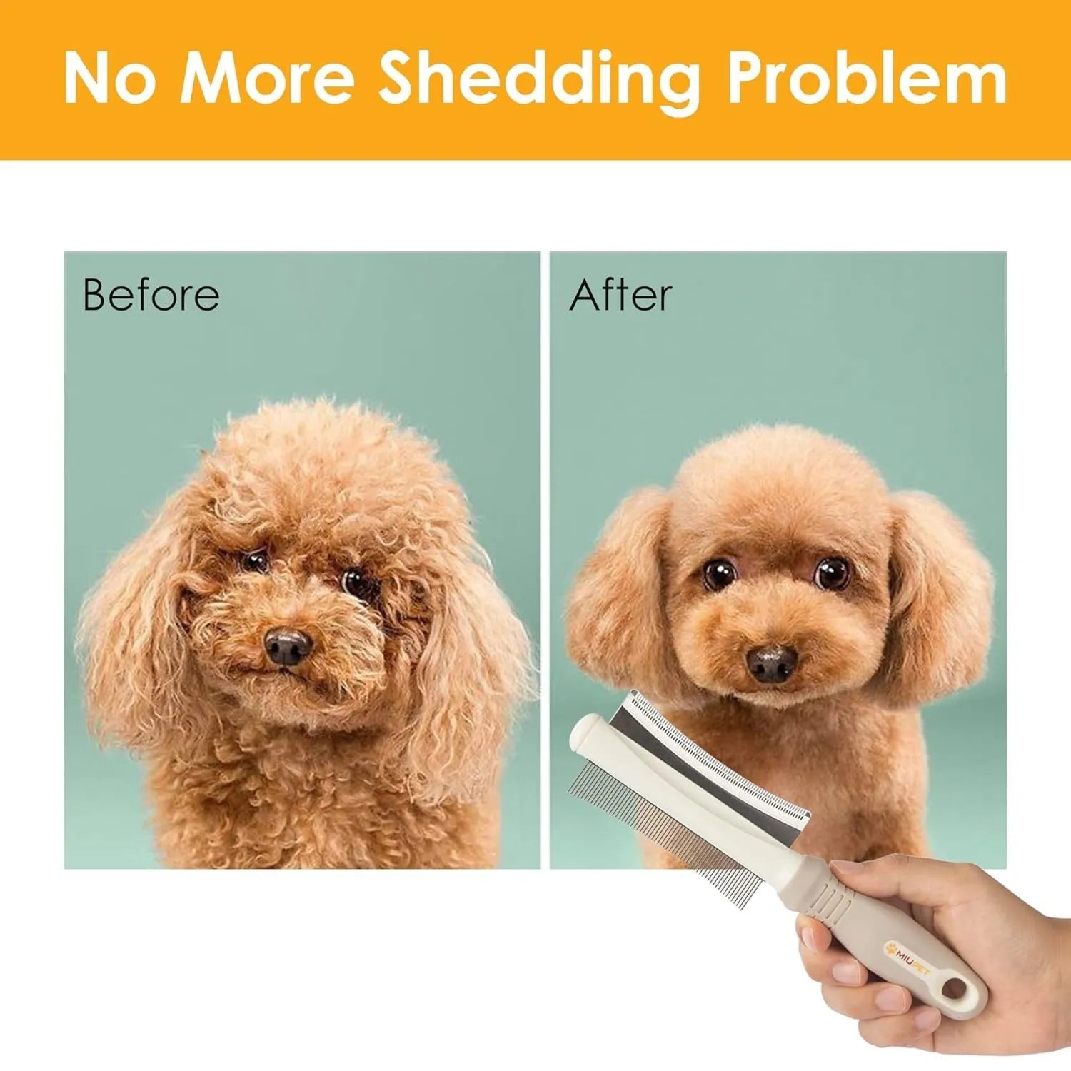 White 2-in-1 pet grooming brush showing comb side and deshedding blade side.