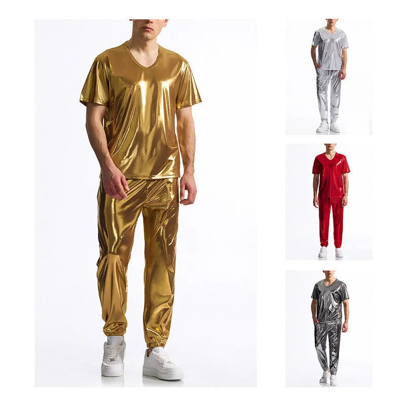 Men's bright surface bronzing disco suit with rabbit fur fabric, short sleeve t-shirt and shorts in silver colour