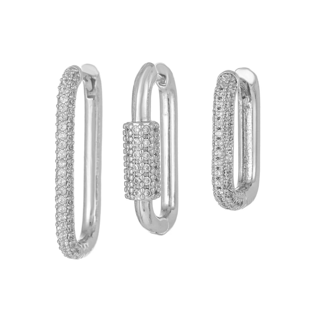 Geometric three-piece earring set with micro-inlaid zircon stones and square ear clips in gold or white k colours