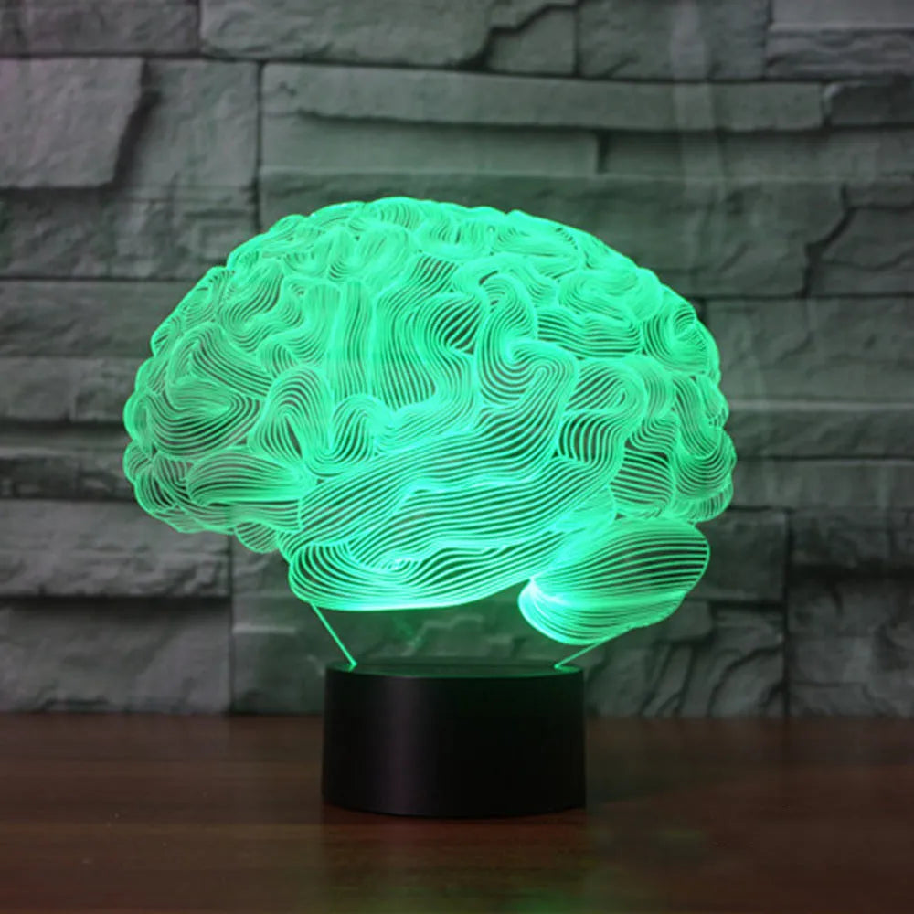 3D brain illusion LED desk lamp with acrylic design and remote control on wooden surface