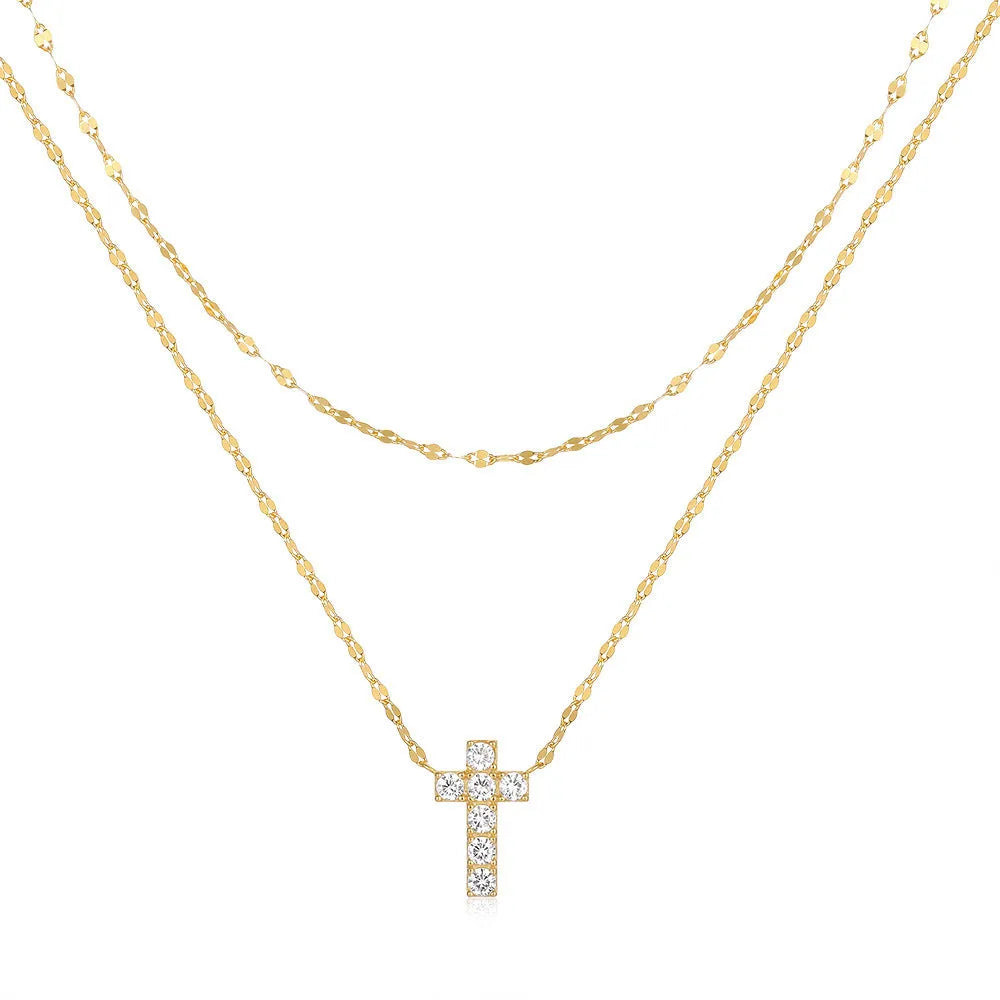S925 sterling silver double layer twin diamond cross pendant necklace with clavicle chain in gold finish