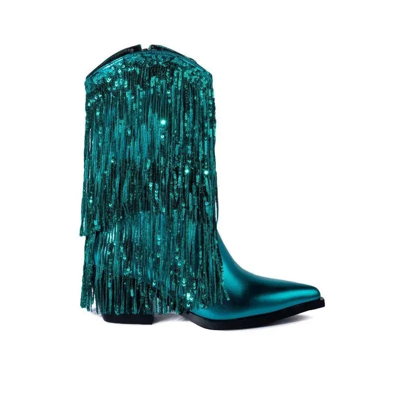 Women's chunky heel tassel boots with super high 8CM stiletto heels and middle ankle cut