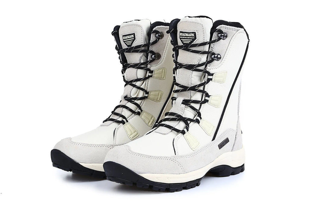 Women's mid-calf thermal snow boots in black with round toe and genuine leather upper