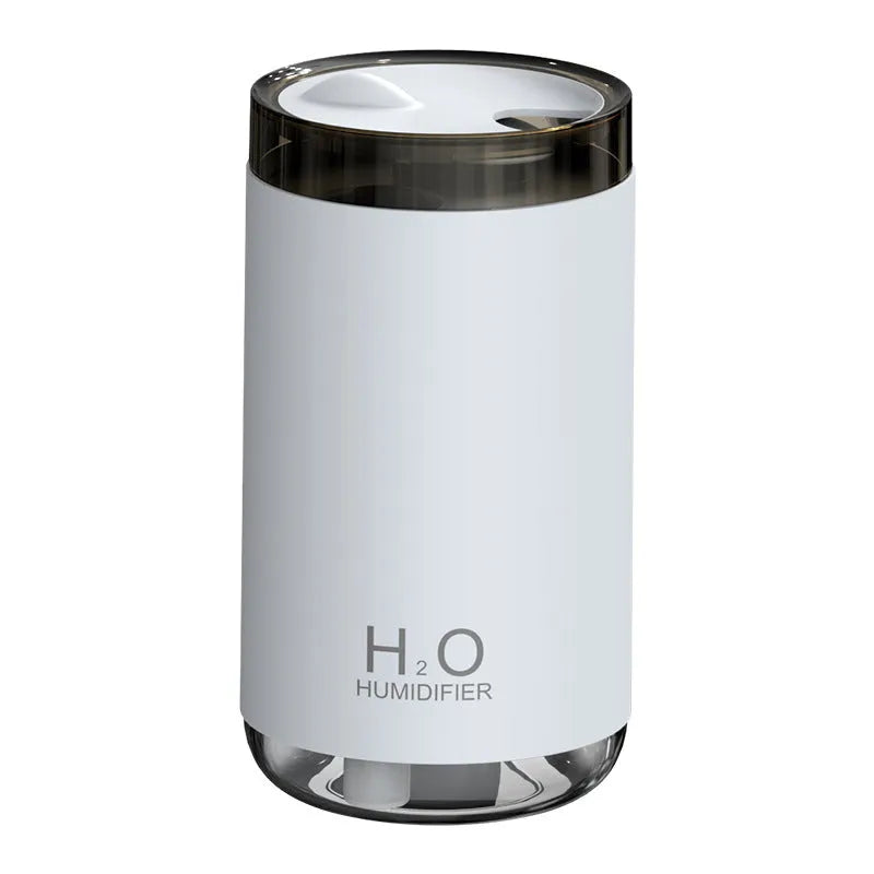 Mini USB jellyfish humidifier with warm night light in white, showing smoke-ring mist output