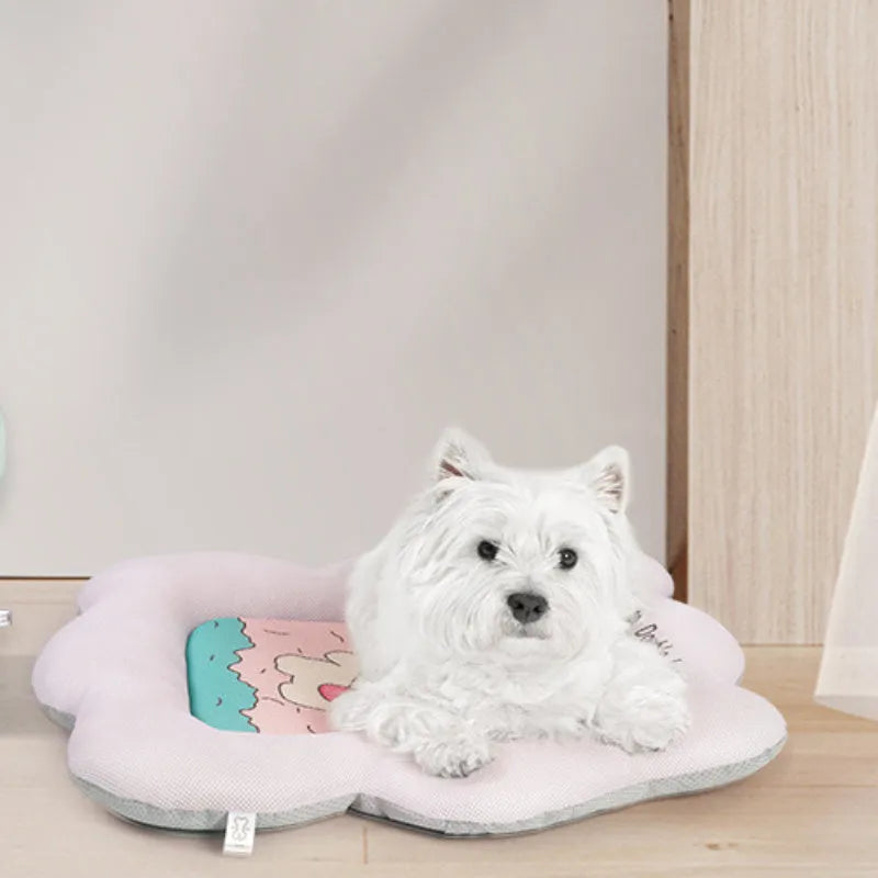 Green and pink pet cooling mats showing four size options for dogs and cats