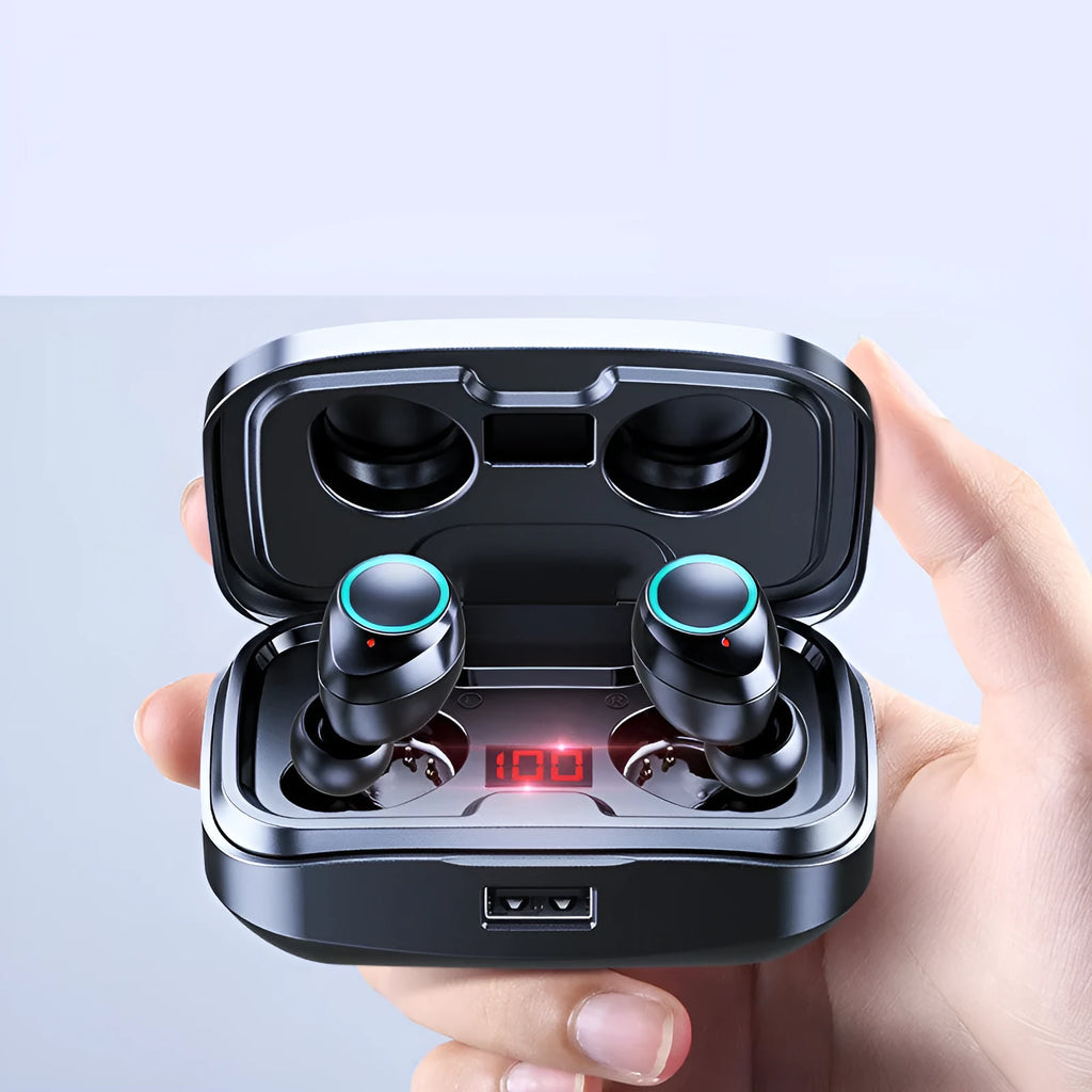 Wireless Bluetooth 5.0 in-ear earphones with private mould design in black, blue, and red colour options