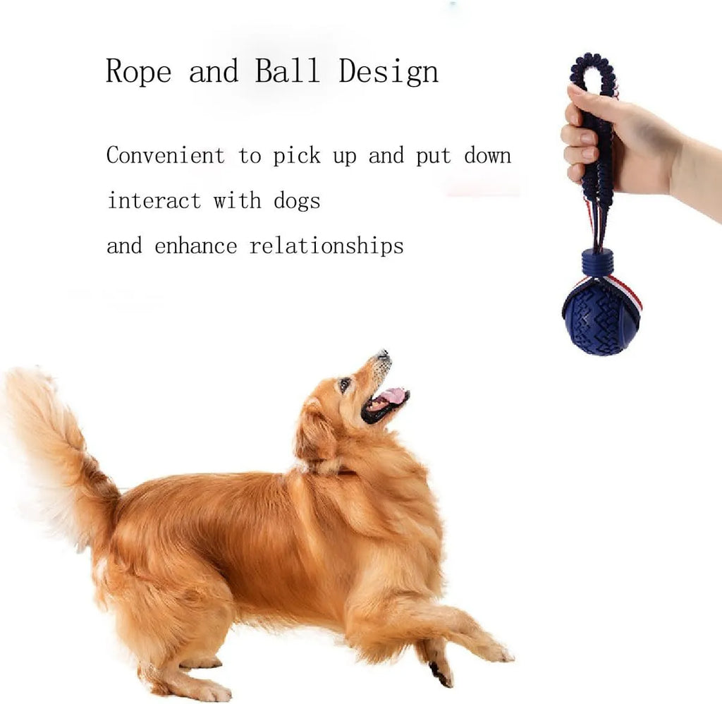 Blue rubber dog ball with natural rope attached for tug and chew play
