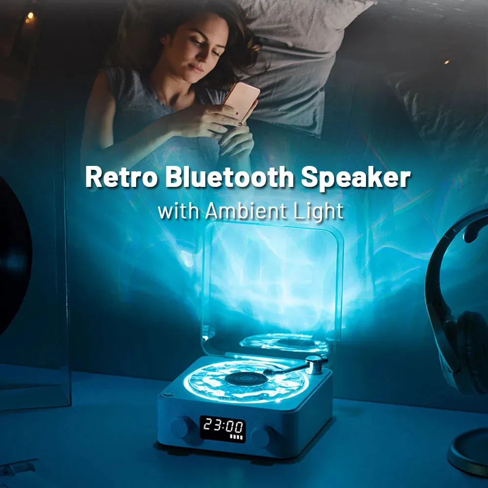 Retro turntable speaker with transparent water ripple turntable, Bluetooth 5.0, and white noise feature in a compact design
