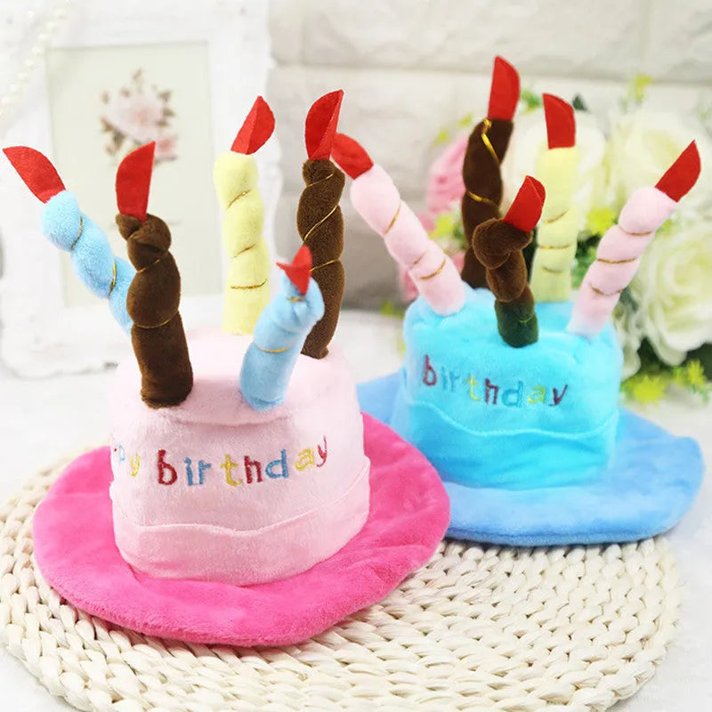 Blue or pink dog birthday hat toy for small to medium dogs on a white background.