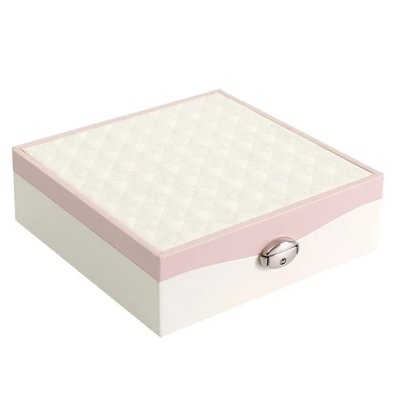 Red or white PU leather jewellery storage box for necklaces and rings with minimalist design