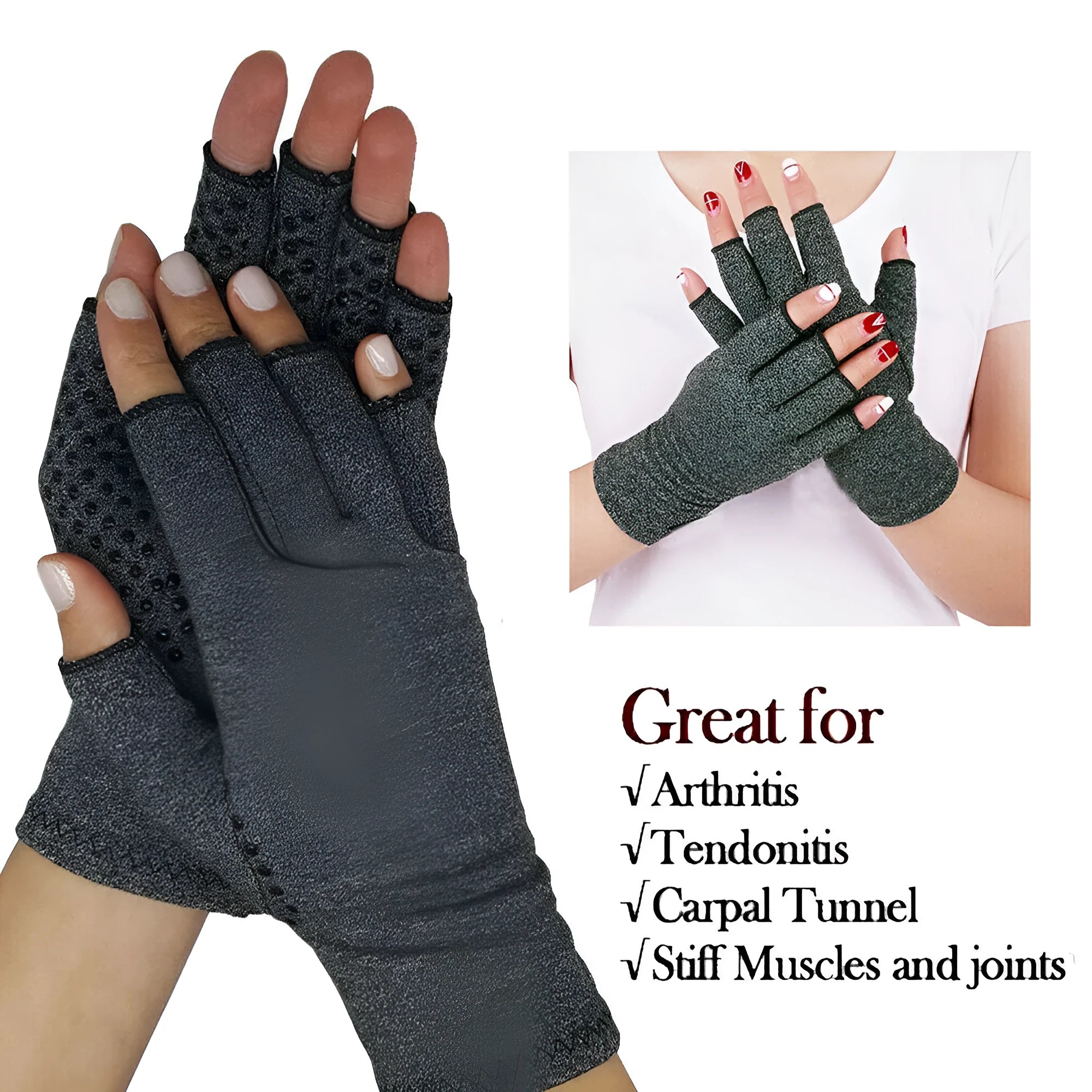 Grey half-finger compression gloves with anti-slip palm grips, shown laid flat.