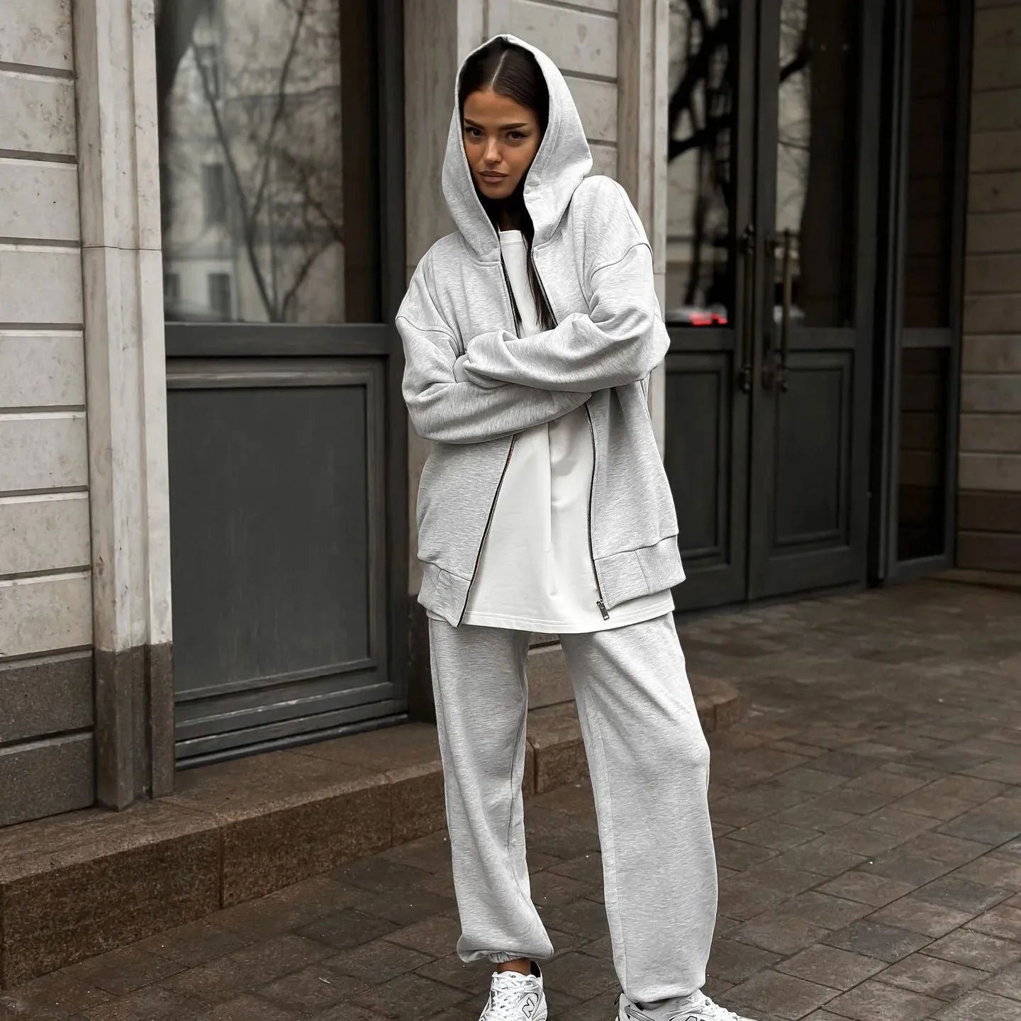 Red loose fit street style long sleeve coat and trousers two-piece set on a hanger