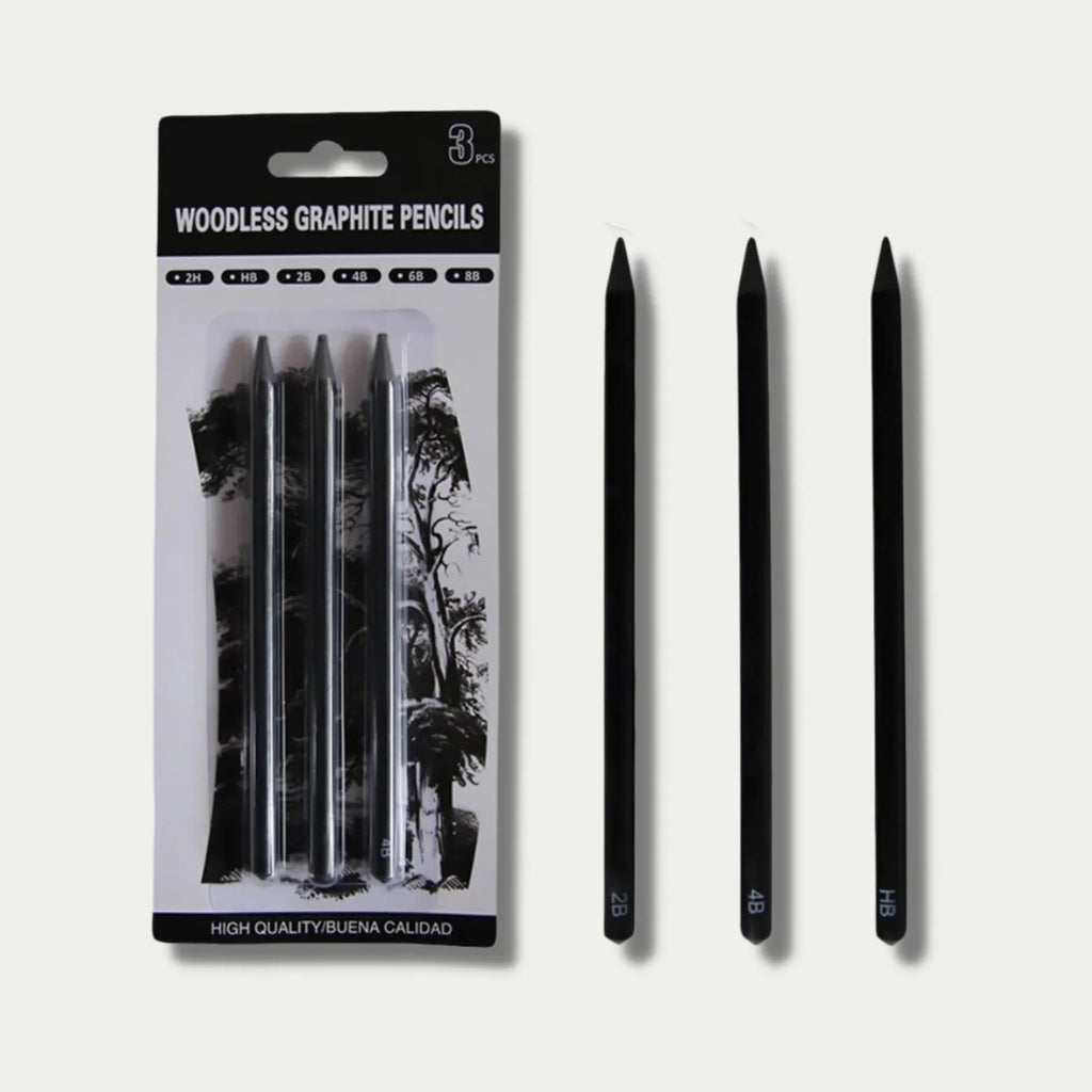 Set of six wood-free graphite sketching pencils with HB, 2B, 4B, 6B, 8B, and EE hardness grades