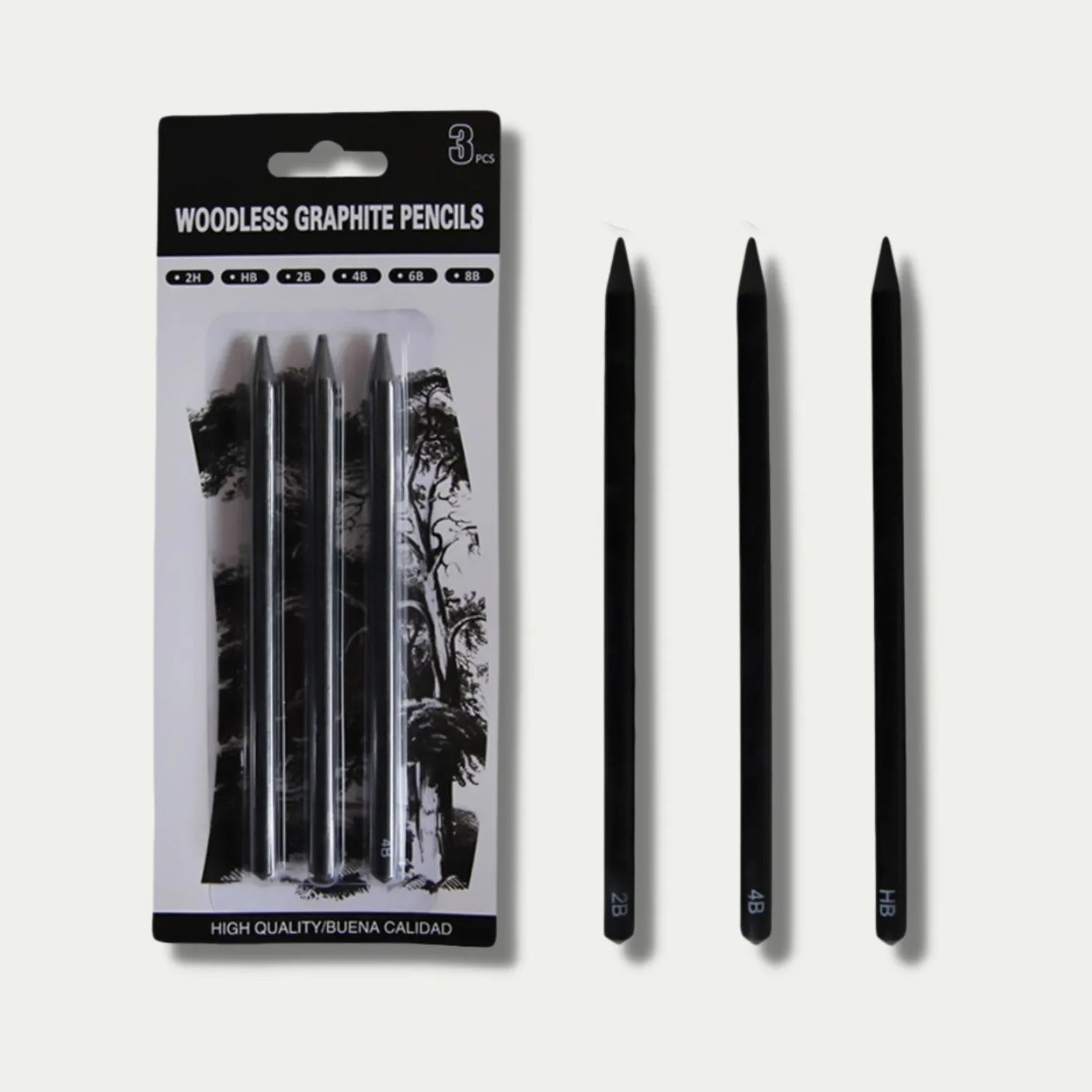 Set of six wood-free graphite sketching pencils with HB, 2B, 4B, 6B, 8B, and EE hardness grades