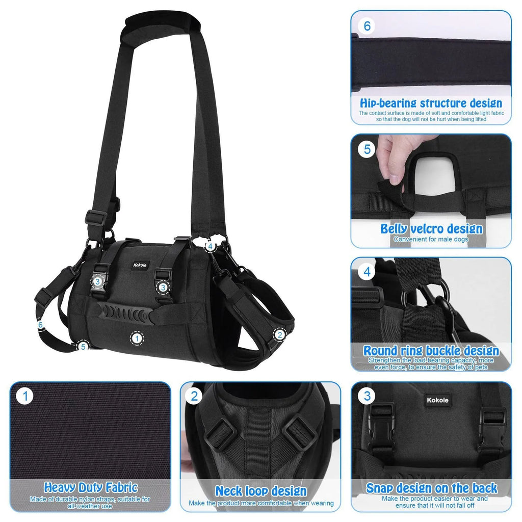 Black Oxford cloth dog harness with adjustable breast strap shown in four sizes